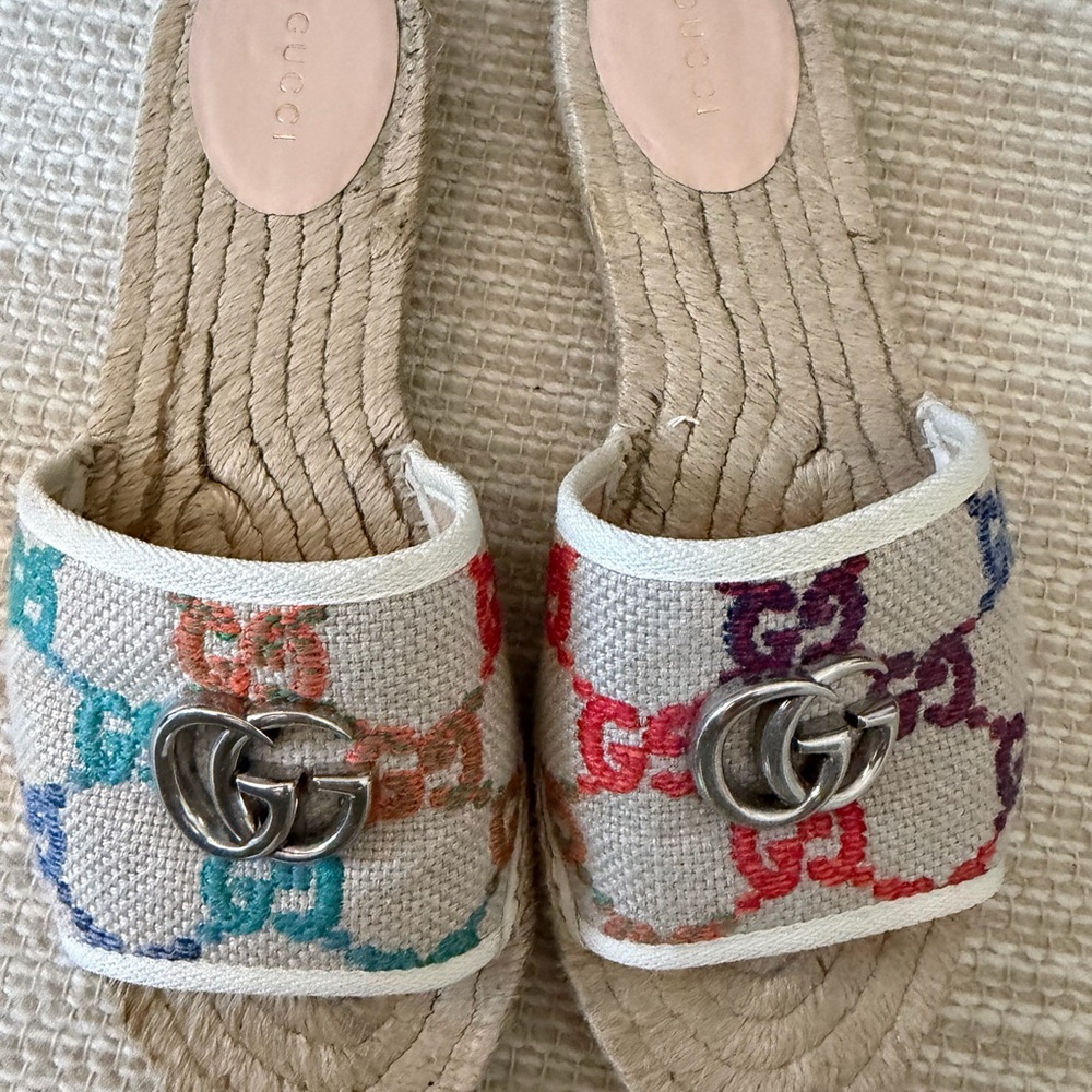 Gucci Multicolor GG Embroidered Espadrille Slides in Cream